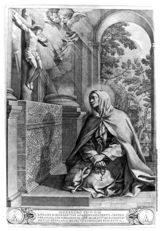 Santa Margherita da Cortona (stampa smarginata) di Testana Giuseppe Maria (sec. XVIII)
