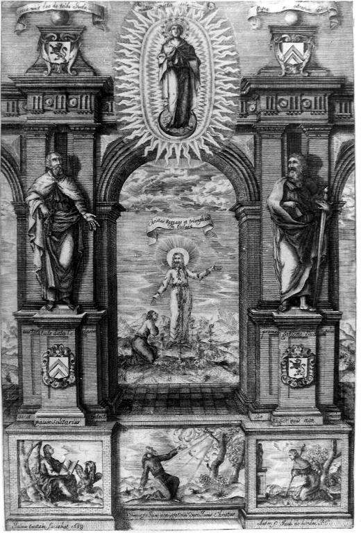 Cristo trionfante e Madonna Immacolata (stampa smarginata) di Toutain J (sec. XVII)