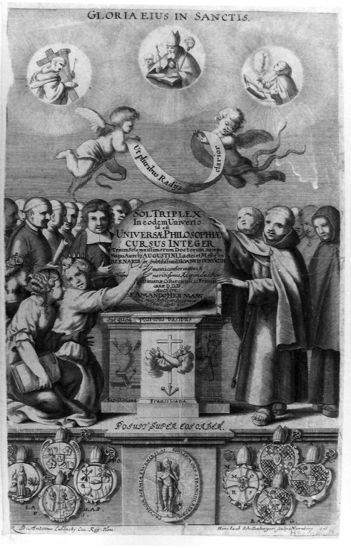 Sant'Agostino, San Bernardo e beato Giovanni Duns Scoto in gloria (stampa smarginata) di Schollenberger Johann Jakob, Lublinsky Martin Anton (sec. XVII)