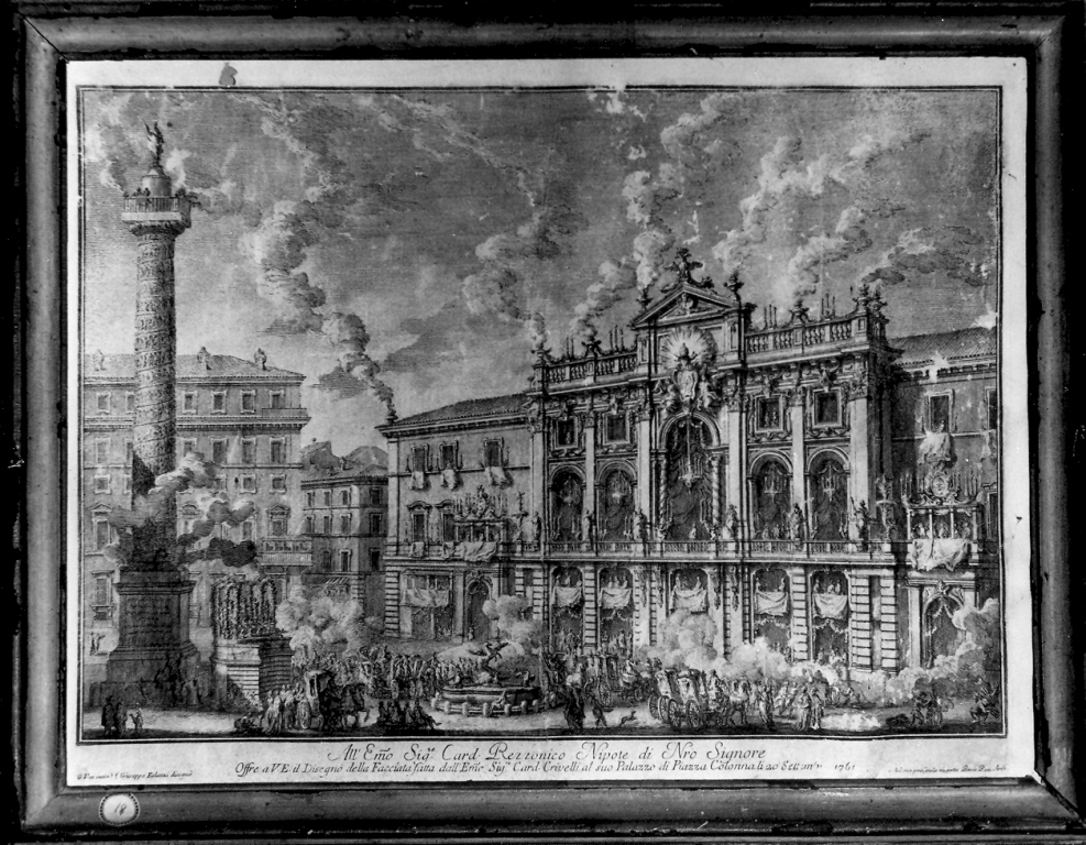 veduta della Piazza Colonna con la facciata del palazzo del cardinal Crivelli (stampa) di Vasi Giuseppe (sec. XVIII)