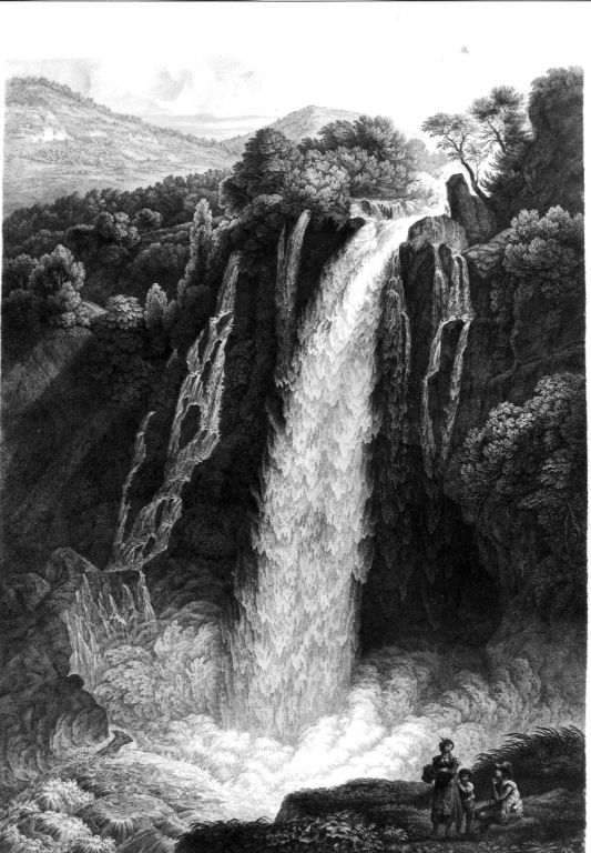 paesaggio raffigurante la cascata del Velino (stampa) di Gomelit W. F (sec. XIX)