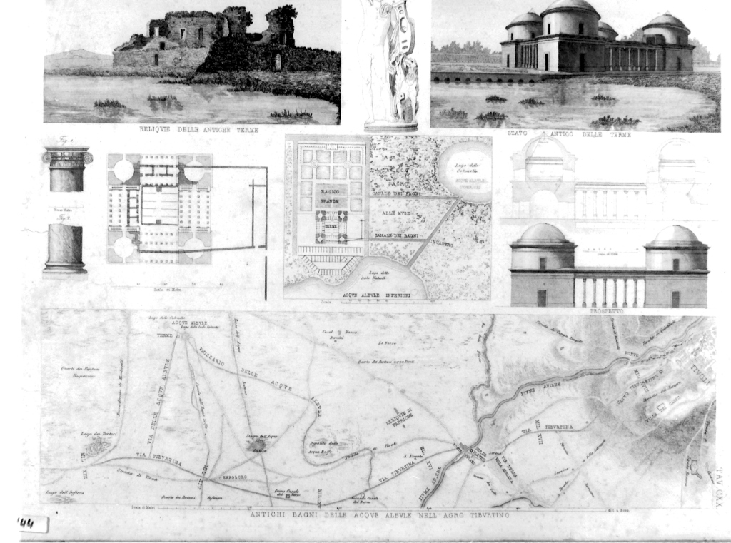 pianta, veduta, prospetto e ricostruzione degli antichi edifici delle Acque Albule tiburtine (stampa) - ambito laziale (sec. XIX)