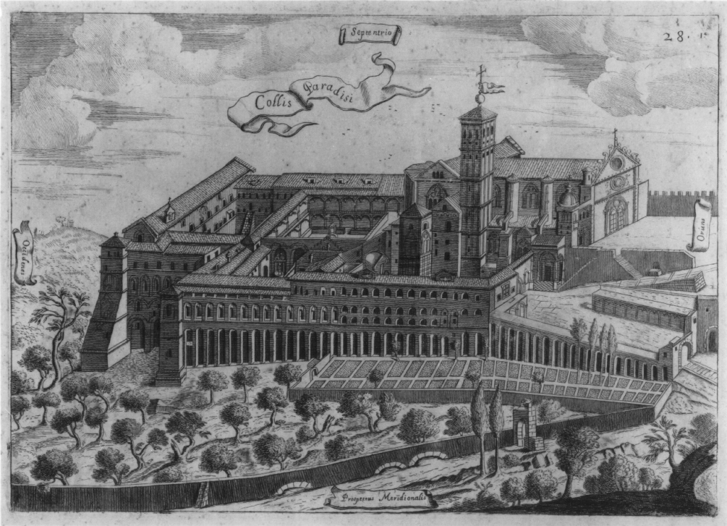 Collis Paradisi, basilica e convento di S. Francesco ad Assisi (stampa) di Providoni Francesco (fine sec. XVII)
