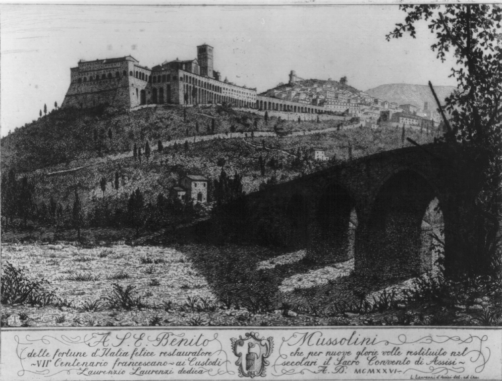 Convento di Assisi e ponte S. Vittorino (stampa) di Laurenzi Laurenzio (sec. XX)