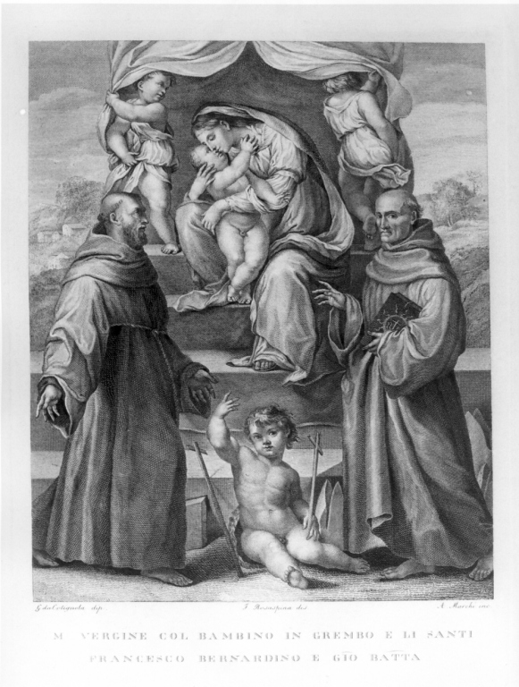 Madonna con Bambino tra San Francesco d'Assisi, San Bernardino e San Giovannino (stampa) di Marchi Antonio, Rosaspina Francesco, Giacomo da Cassignola (secondo quarto sec. XIX)