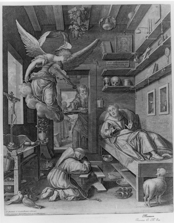 San Francesco d'Assisi morente ha la visione dell'angelo che suona il violino (stampa) di Piazza Paolo detto Fra' Cosimo Cappuccino, Sadeler Raphael I (inizio sec. XVII)