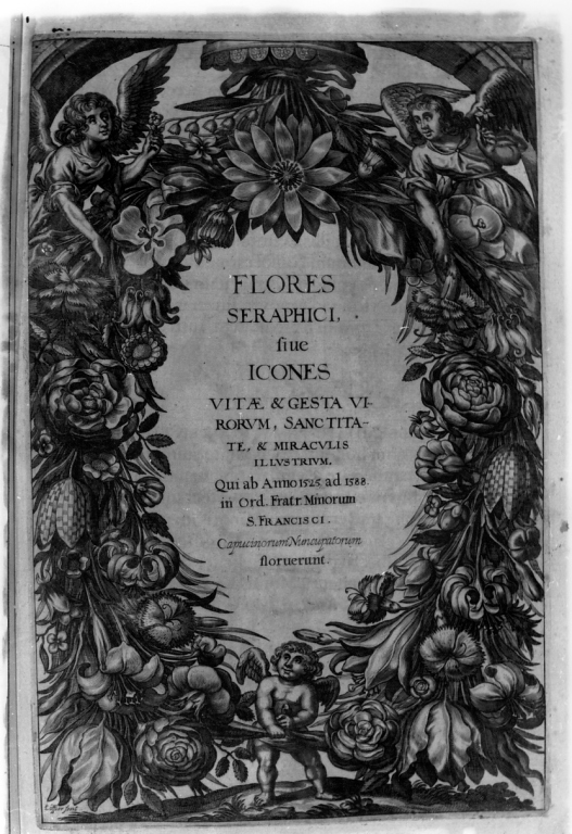 ghirlanda di fiori con angeli (stampa) di Loffler Johann Eckhard, Loffler Heinrich, Schott Johann (sec. XVII)
