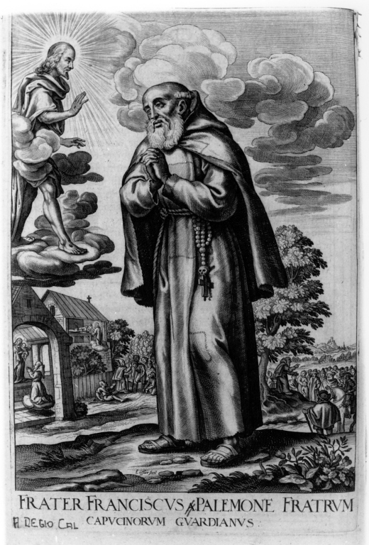 apparizione di Cristo a frate Francesco da Palamone (stampa) di Schott Johann, Loffler Johann Eckhard, Loffler Heinrich (sec. XVII)