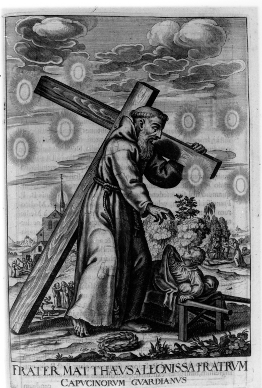 frate Matteo da Leonessa guarisce un bambino malato (stampa) di Schott Johann, Loffler Johann Eckhard, Loffler Heinrich (sec. XVII)