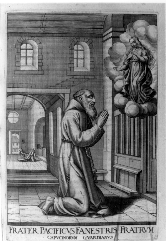 apparizione della Madonna a frate Pacifico da Fano (stampa) di Schott Johann, Loffler Johann Eckhard, Loffler Heinrich (sec. XVII)