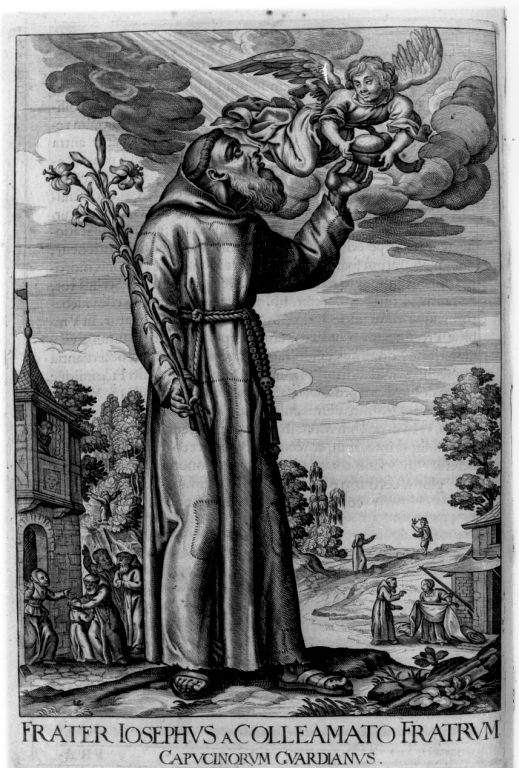 un angelo dona il pane a frate Giuseppe da Collamato (stampa) di Schott Johann, Loffler Johann Eckhard, Loffler Heinrich (sec. XVII)