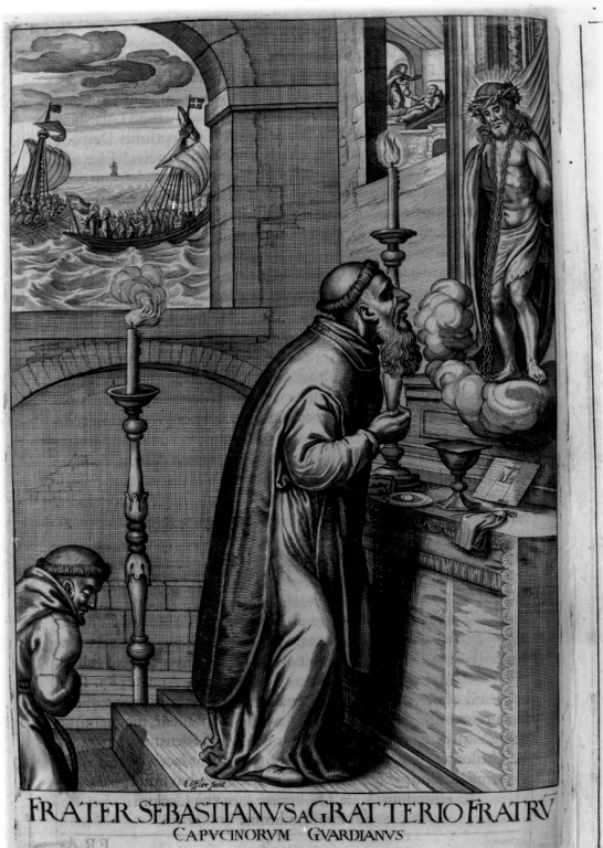 Cristo appare a frate Sebastiano da Gratterio (stampa) di Schott Johann, Loffler Johann Eckhard, Loffler Heinrich (sec. XVII)