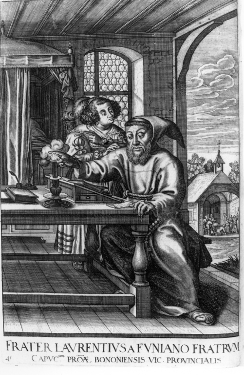 tentazione di frate Lorenzo da Fugnano (stampa) di Schott Johann, Loffler Johann Eckhard, Loffler Heinrich (sec. XVII)