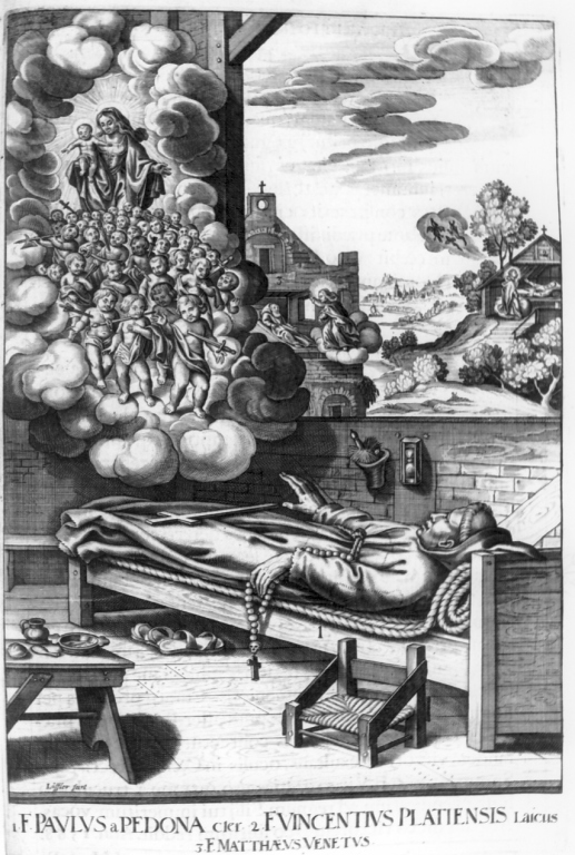 apparizione della Madonna e martiri bambini a frate Paolo da Pedona (stampa) di Loffler Heinrich, Schott Johann, Loffler Johann Eckhard (sec. XVII)