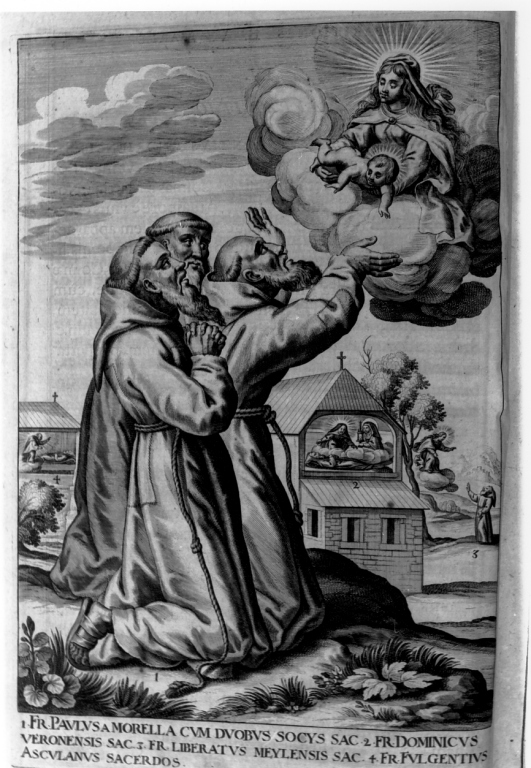 apparizione della Madonna con Bambino a frate Paolo da Morella (stampa) di Loffler Heinrich, Schott Johann, Loffler Johann Eckhard (sec. XVII)