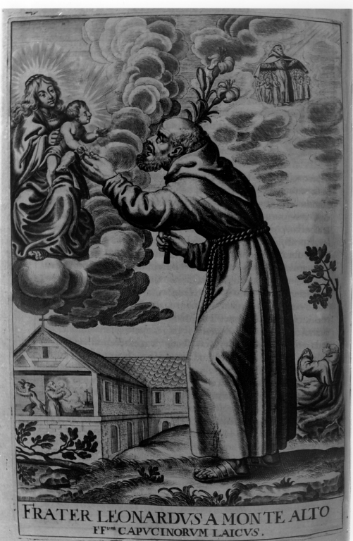 apparizione della Madonna con Bambino a frate Leonardo da Monte Alto (stampa) di Loffler Johann Eckhard, Loffler Heinrich, Schott Johann (sec. XVII)