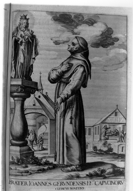 frate Giovanni da Girona in preghiera davanti alla statua della Madonna (stampa) di Loffler Johann Eckhard, Loffler Heinrich, Schott Johann (sec. XVII)