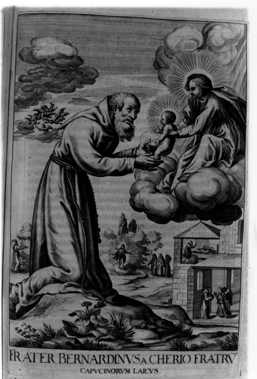apparizione della Madonna con Bambino a frate Bernardino da Cherio (stampa) di Loffler Johann Eckhard, Loffler Heinrich, Schott Johann (sec. XVII)