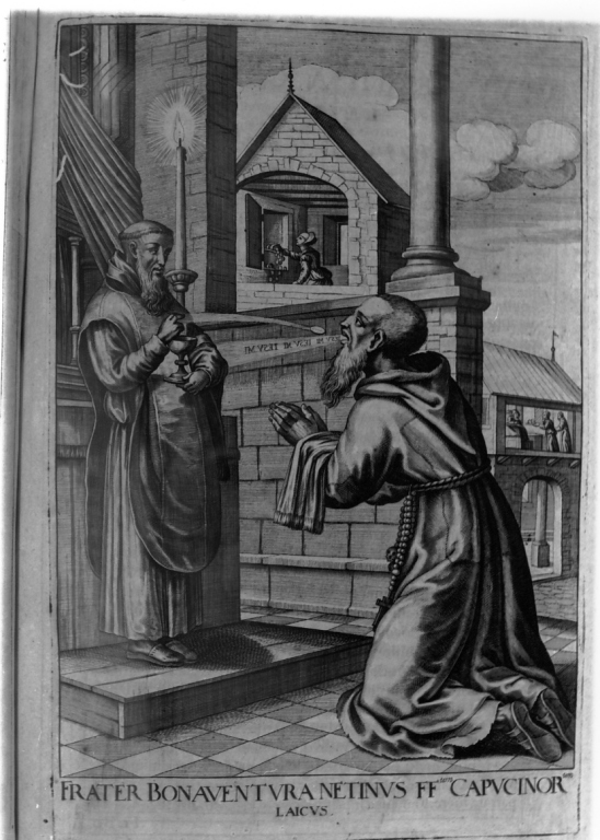 comunione di frate Bonaventura da Noto (stampa) di Loffler Johann Eckhard, Loffler Heinrich, Schott Johann (sec. XVII)