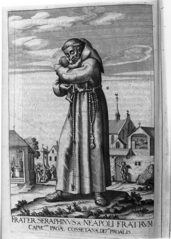 frate Serafino da Napoli abbraccia Gesù Bambino (stampa) di Loffler Johann Eckhard, Loffler Heinrich, Schott Johann (sec. XVII)