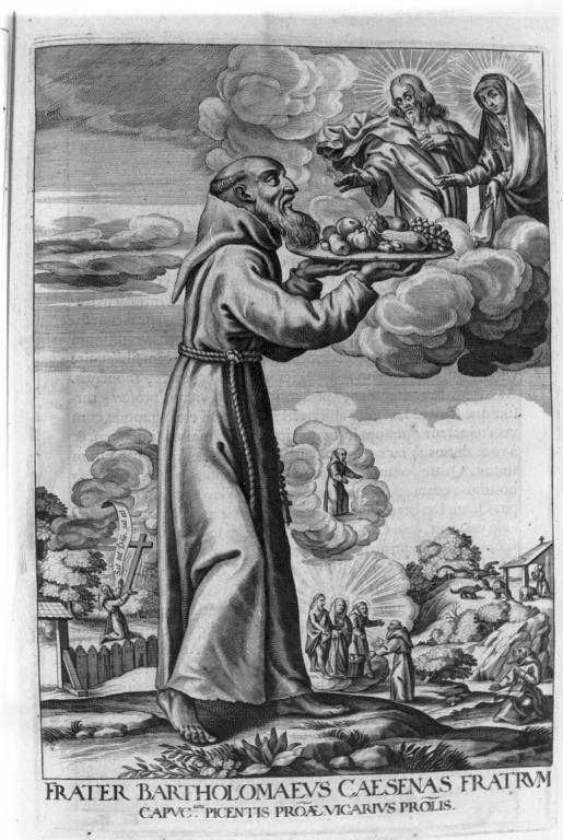 frate Bartolomeo da Cesena offre un vassoio di frutta a Cristo e alla Madonna (stampa) di Loffler Johann Eckhard, Loffler Heinrich, Schott Johann (sec. XVII)