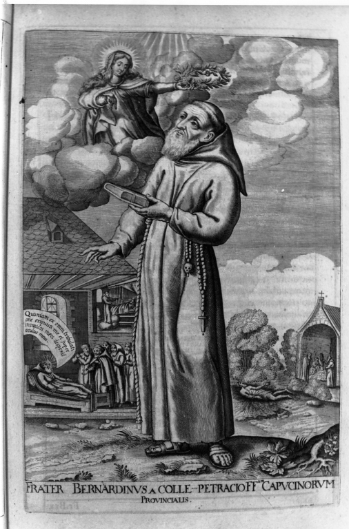 frate Bernardino da Colle Petrazzo incoronato dalla Madonna (stampa) di Loffler Johann Eckhard, Loffler Heinrich, Schott Johann (sec. XVII)