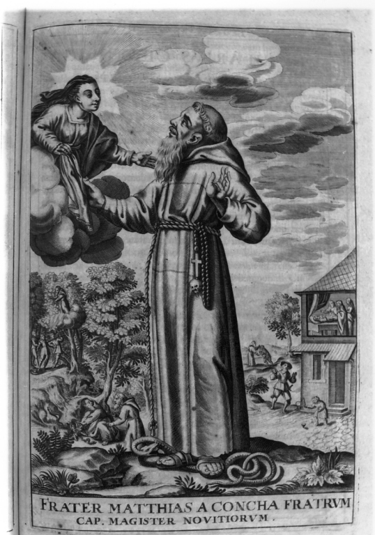 apparizione della Madonna a frate Mattia da Conca (stampa) di Loffler Johann Eckhard, Loffler Heinrich, Schott Johann (sec. XVII)