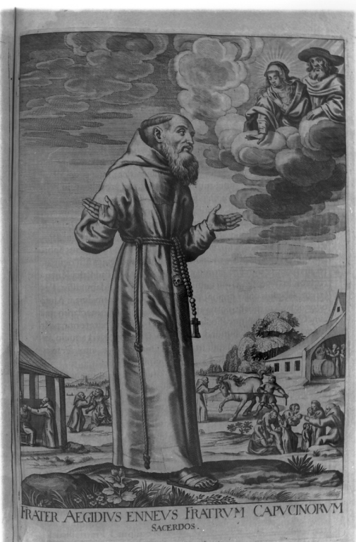 apparizione della Madonna a frate Egidio (stampa) di Loffler Johann Eckhard, Loffler Heinrich, Schott Johann (sec. XVII)