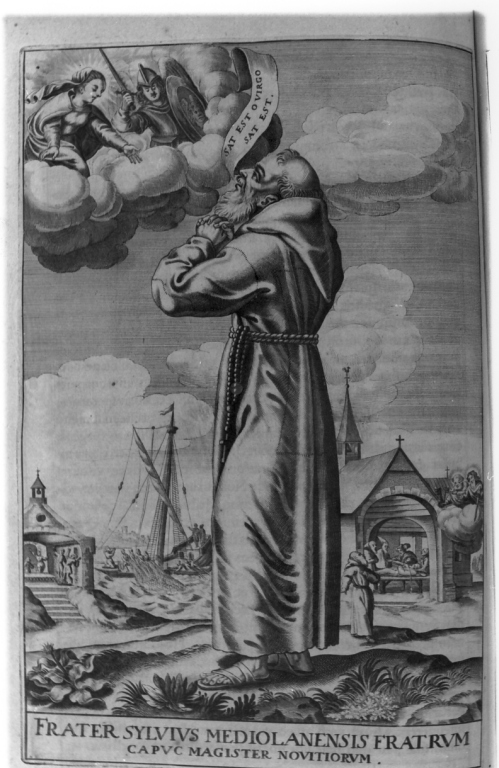 apparizione della Madonna e di San Michele Arcangelo a frate Silvio Milanese (stampa) di Loffler Johann Eckhard, Loffler Heinrich, Schott Johann (sec. XVII)