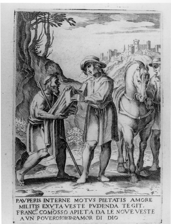San Francesco d'Assisi dona il mantello al povero cavaliere (stampa) di Villamena Francesco (sec. XVI)