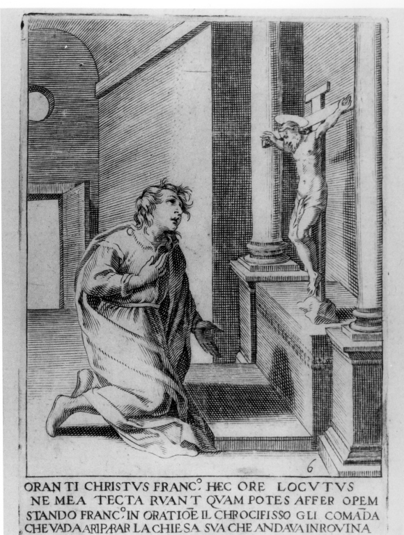 San Francesco d'Assisi in preghiera davanti alla croce (stampa) di Villamena Francesco (sec. XVI)
