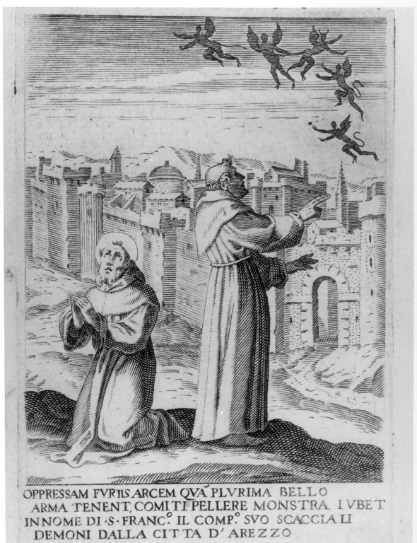 San Francesco d'Assisi caccia i demoni dalla città di Arezzo (stampa) di Villamena Francesco (sec. XVI)