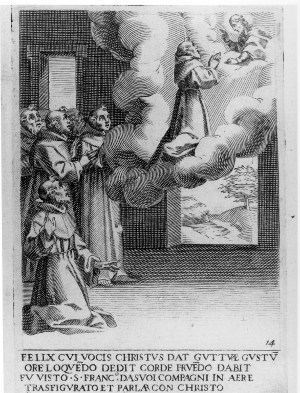 trasfigurazione di San Francesco d'Assisi (stampa) di Villamena Francesco (sec. XVI)