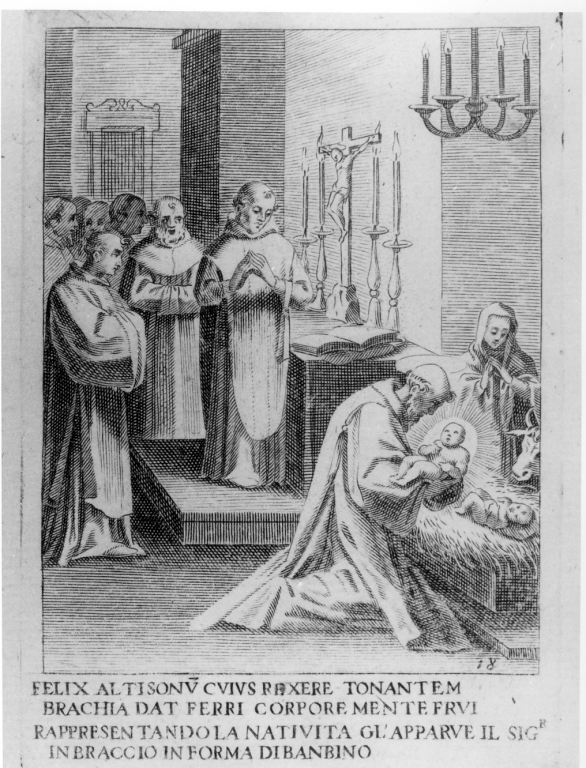 Gesù Bambino appare in braccio a San Francesco d'Assisi mentre rappresenta la Natività (stampa) di Villamena Francesco (sec. XVI)