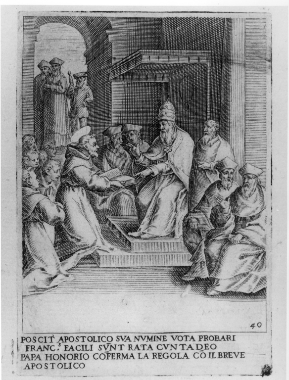 papa Onorio III conferma la regola di San Francesco d'Assisi (stampa) di Villamena Francesco (sec. XVI)