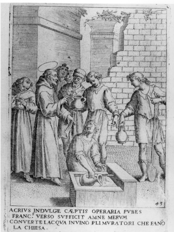 San Francesco d'Assisi trasforma l'acqua in vino (stampa) di Villamena Francesco (sec. XVI)