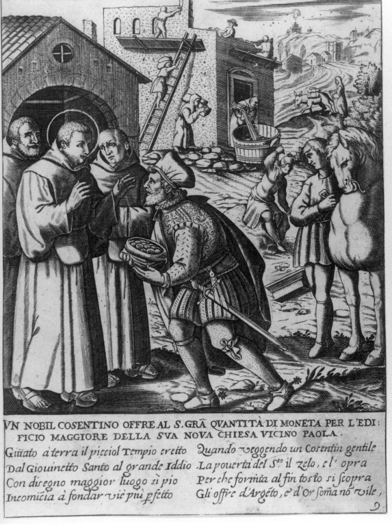 un nobile cosentino dona denaro a San Francesco di Paola per la costruzione della chiesa (stampa) - ambito italiano (fine sec. XVII)