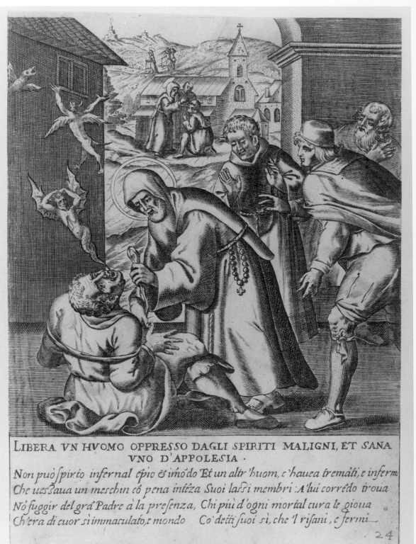 San Francesco di Paola guarisce un indemoniato (stampa) - ambito italiano (fine sec. XVII)