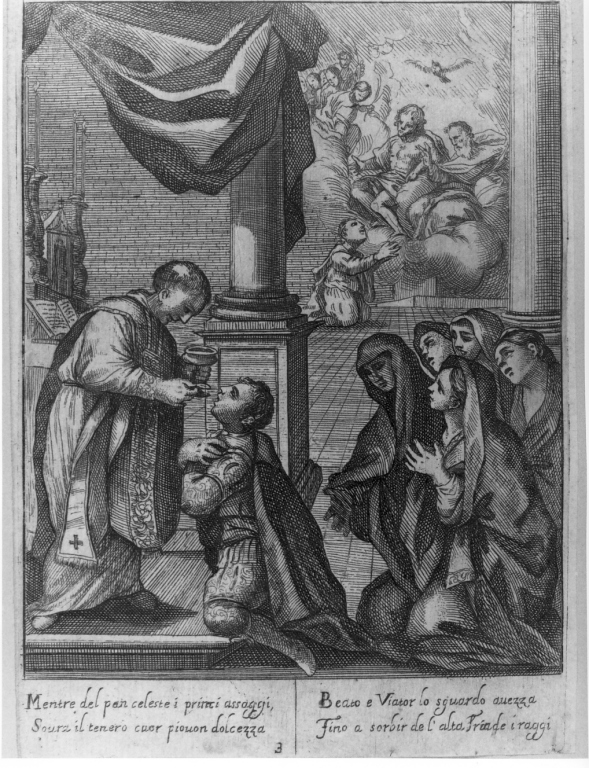 il venerabile Vincenzo Ferrero riceve la comunione (stampa) - ambito italiano (sec. XVII)