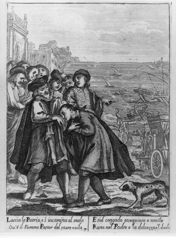 il venerabile Vincenzo Ferrero saluta il padre prima di partire per Roma (stampa) - ambito italiano (sec. XVII)