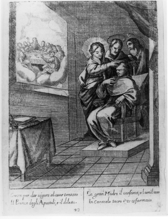 il venerabile Vincenzo Ferrero confortato dalla Madonna e dagli apostoli (stampa) - ambito italiano (sec. XVII)