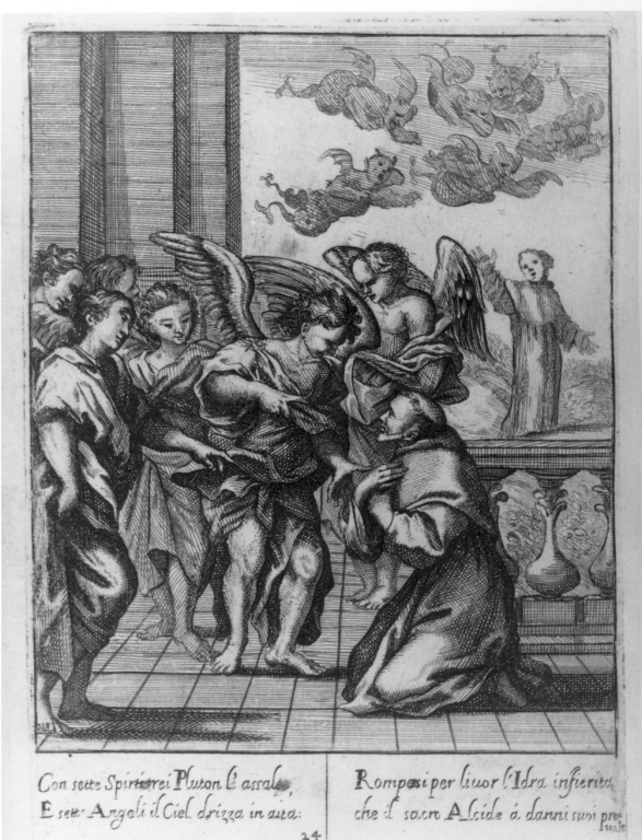 il venerabile Vincenzo Ferrero aiutato dagli angeli contro sette spiriti maligni (stampa) - ambito italiano (sec. XVII)