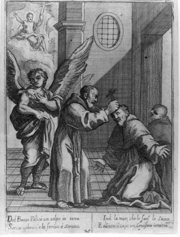 il venerabile Vincenzo Ferrero riceve un crocifisso dal Beato Felice (stampa) - ambito italiano (sec. XVII)