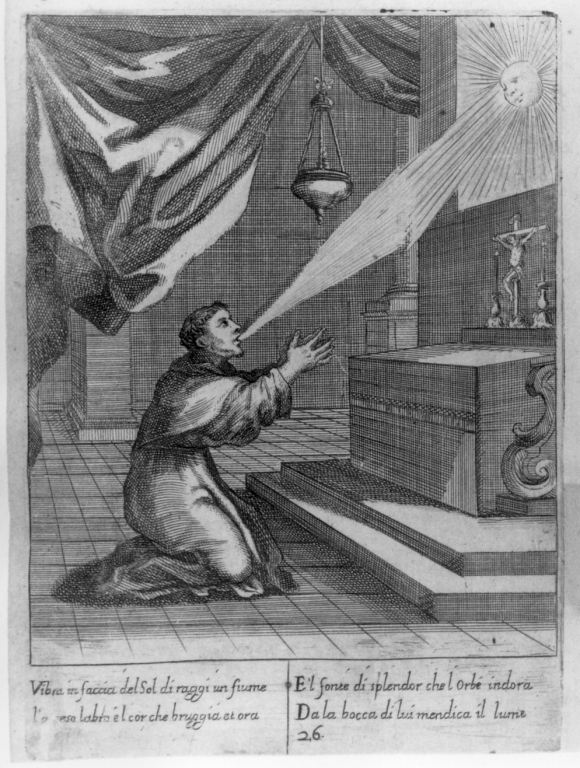 il venerabile Vincenzo Ferrero in preghiera illuminato dal sole (stampa) - ambito italiano (sec. XVII)