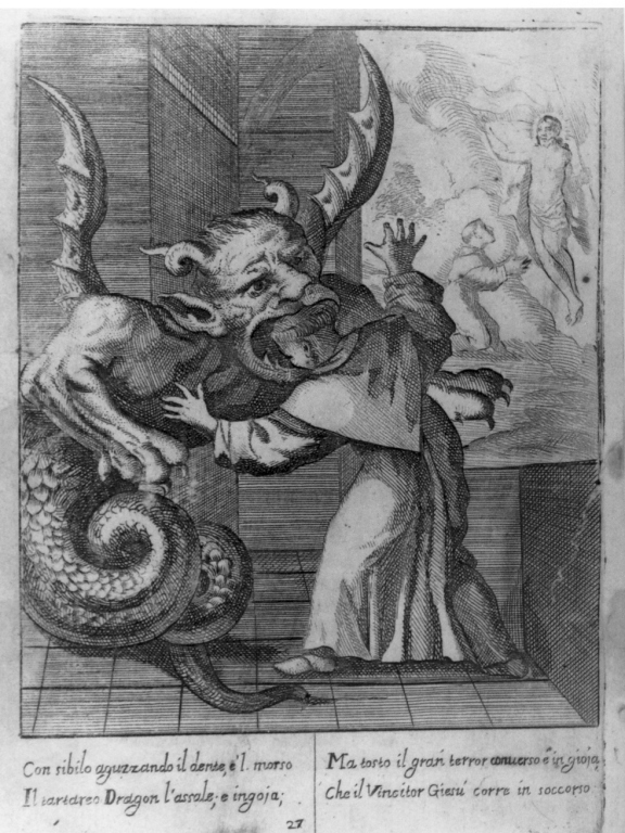 il venerabile Vincenzo Ferrero divorato dal drago e salvato da Cristo (stampa) - ambito italiano (sec. XVII)