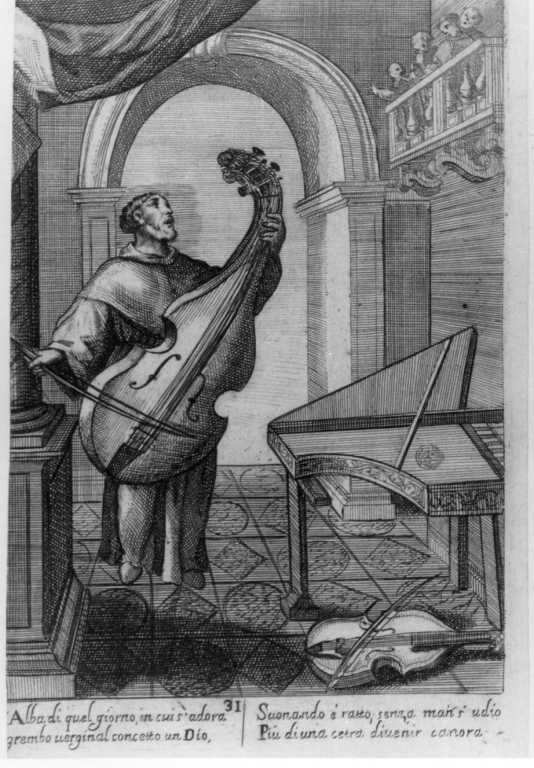 il venerabile Vincenzo Ferrero suona e canta (stampa) - ambito italiano (sec. XVII)