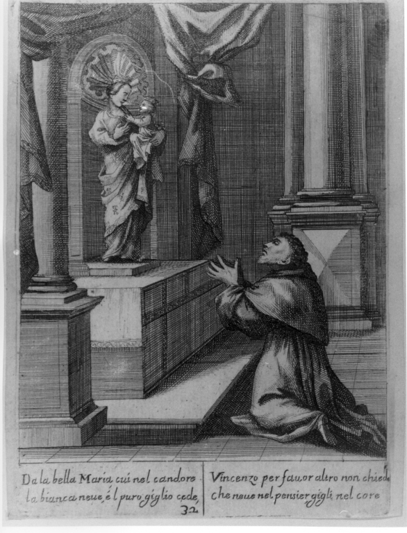 il venerabile Vincenzo Ferrero in adorazione della Madonna con Bambino (stampa) - ambito italiano (sec. XVII)
