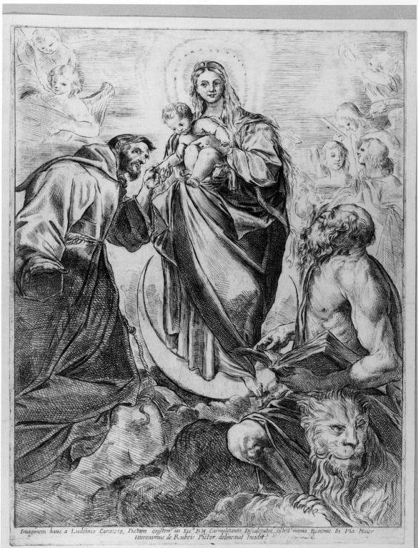 Immacolata Concezione con San Girolamo e Santo francescano (stampa) di De Rossi Girolamo, Carracci Ludovico (sec. XVII)