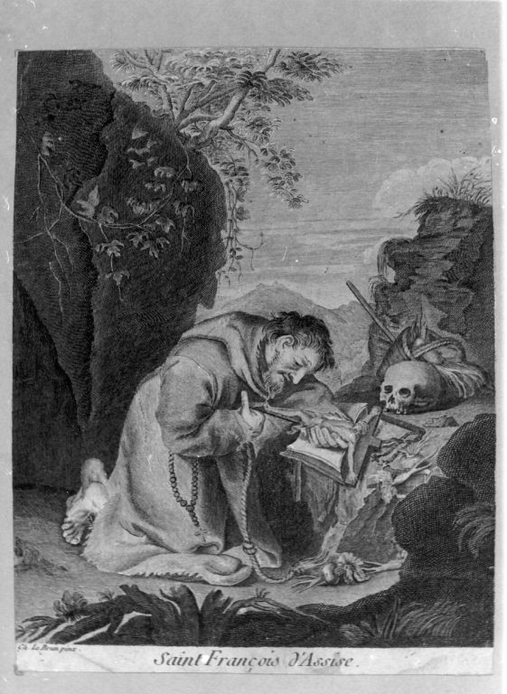 San Francesco in meditazione (stampa) di Le Brun Charles (sec. XIX)