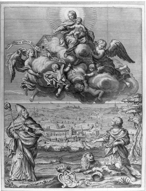 Madonna di Loreto con San Vito e San Flaviano (stampa) di Oddi Nicola, Galand Petrus (fine sec. XVII)